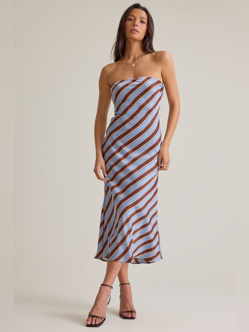 Altar’d State Strapless Diagonal-Stripe Midi Dress in Blue and Brown